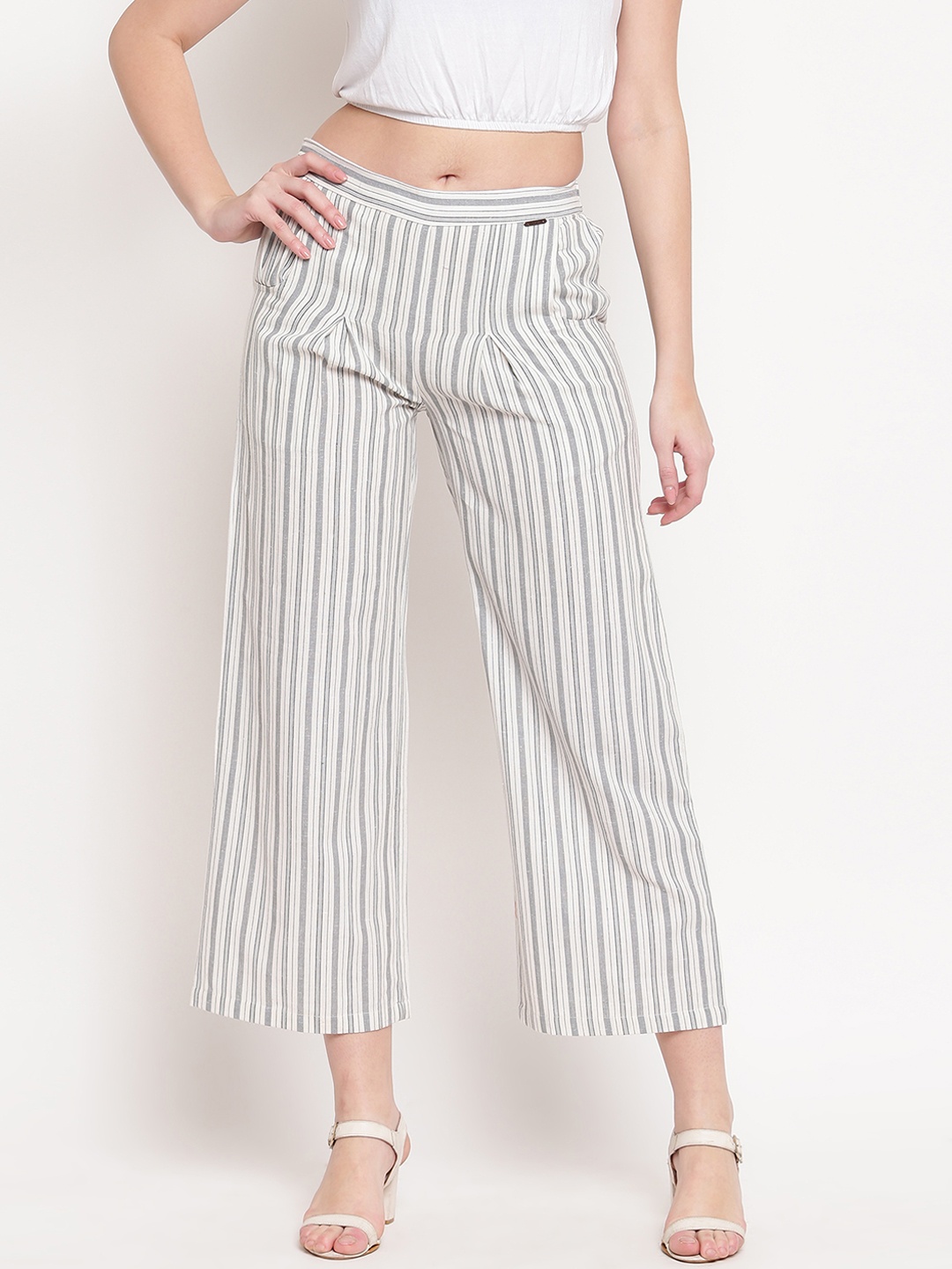 

Kvsfab Women White & Grey Regular Fit Striped Culottes