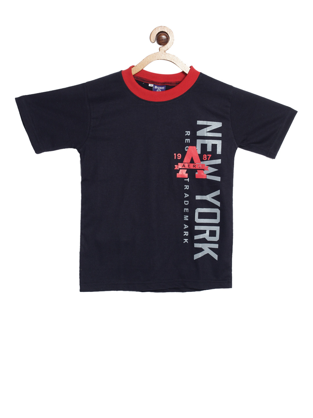 

SWEET ANGEL Boys Navy Blue Printed Round Neck Pure Cotton T-shirt