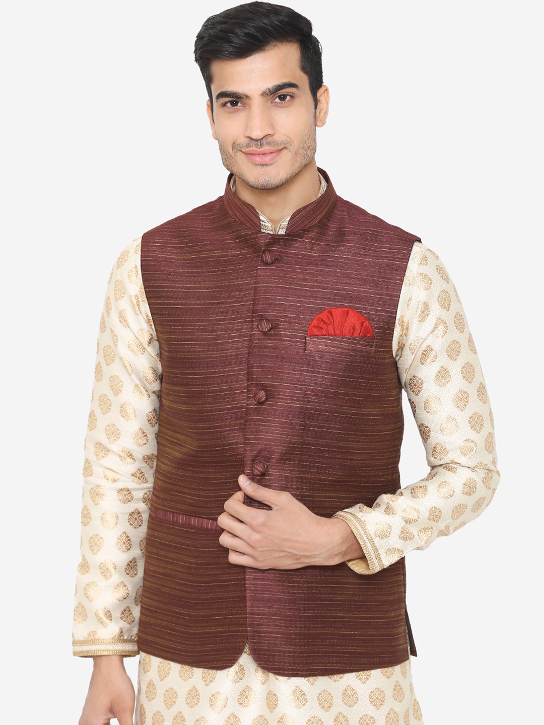 

Wintage Men Brown Woven Design Nehru Jacket