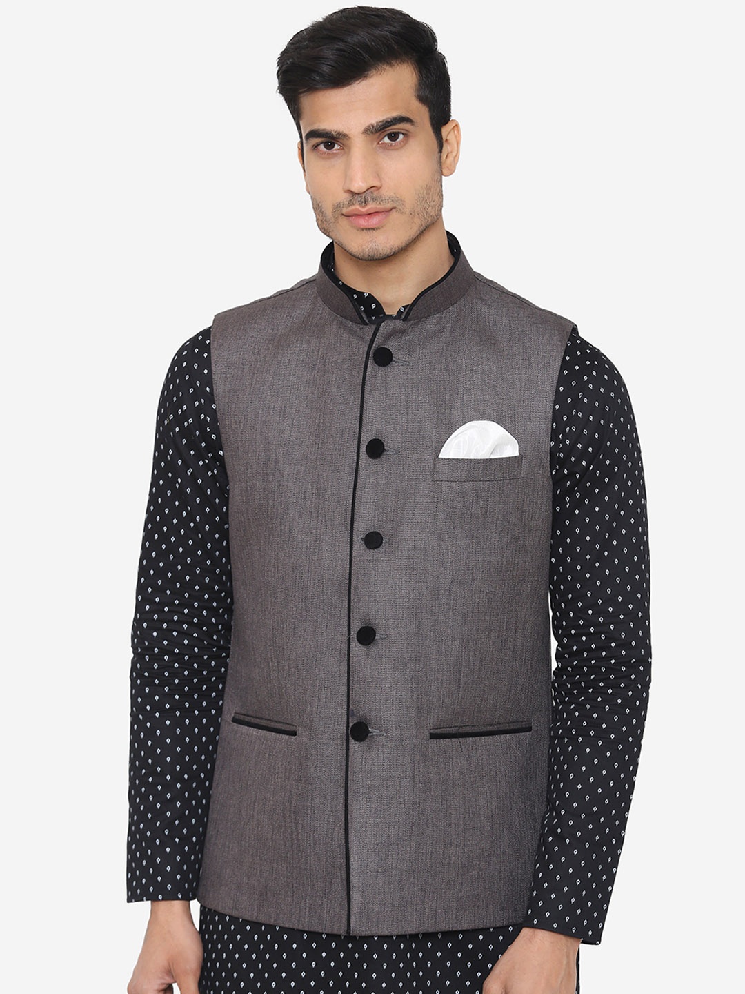 

Wintage Men Grey Solid Satin Nehru Jacket