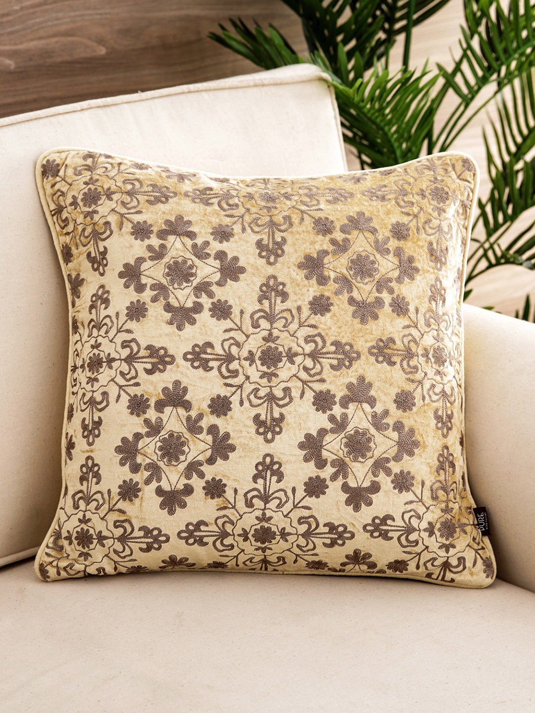 

Pure Home and Living Beige & Grey Embroidered Square Cushion Cover