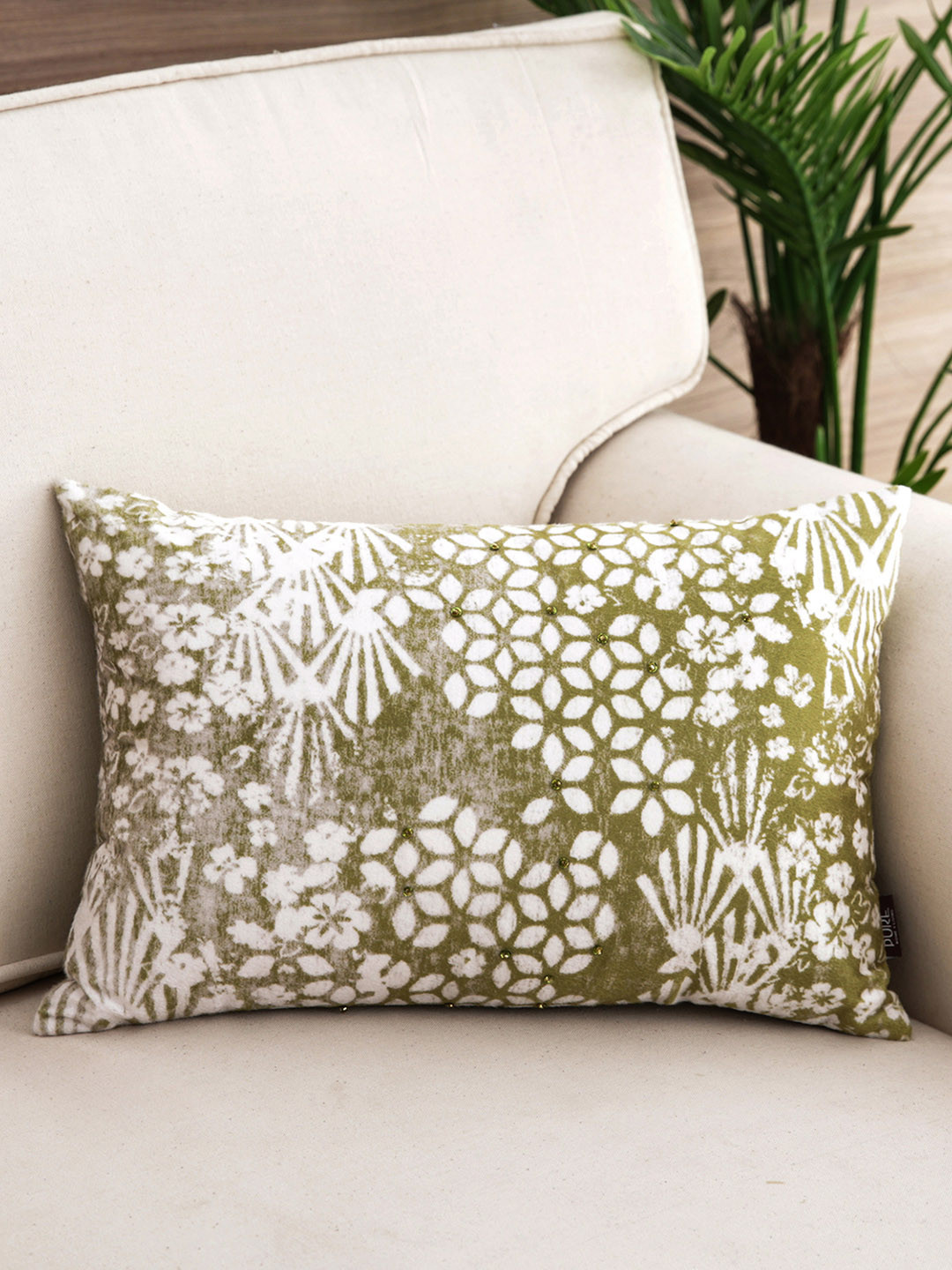

Pure Home and Living Green & White Floral Rectangle Cushion Cover