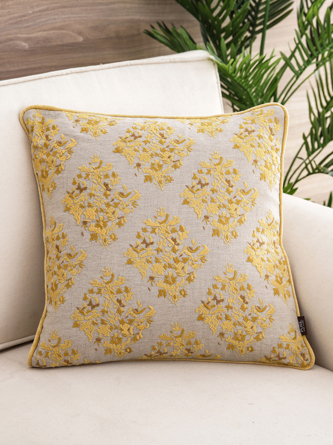 

Pure Home and Living Mustard Yellow & Grey Embroidered Square Cushion Cover
