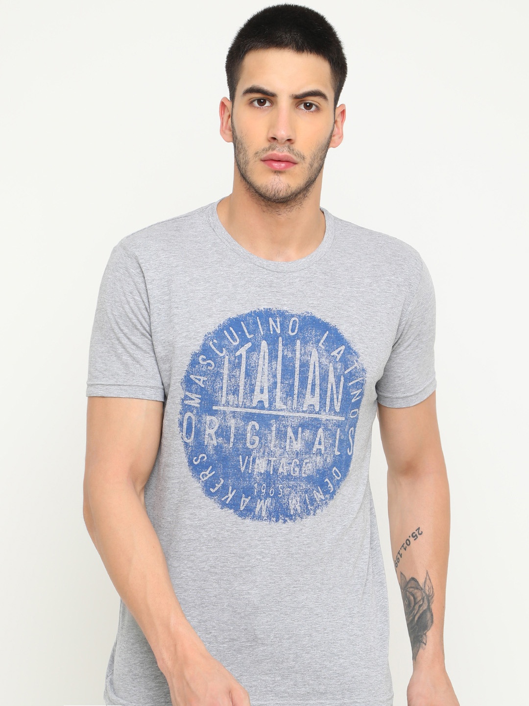 

Masculino Latino Men Grey Melange Printed Round Neck Pure Cotton T-shirt