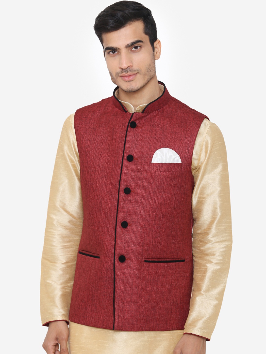 

Wintage Men Maroon Solid Satin Nehru Jacket