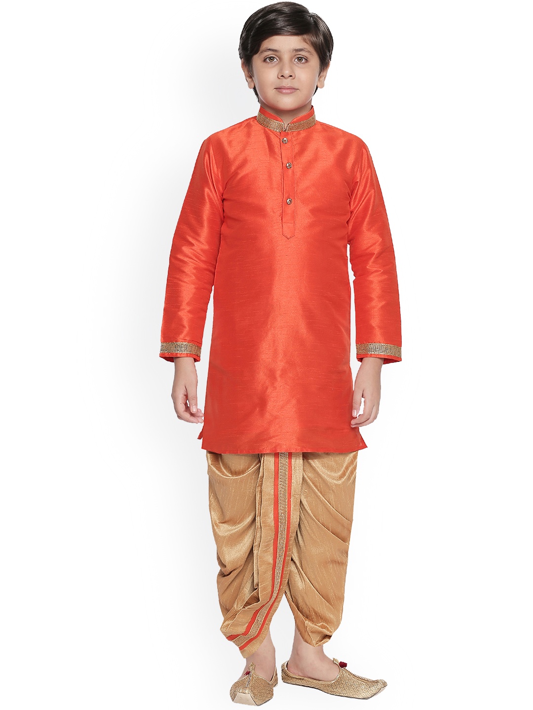 Jeetethnics Boys Orange & Beige Solid Kurta with Dhoti Pants