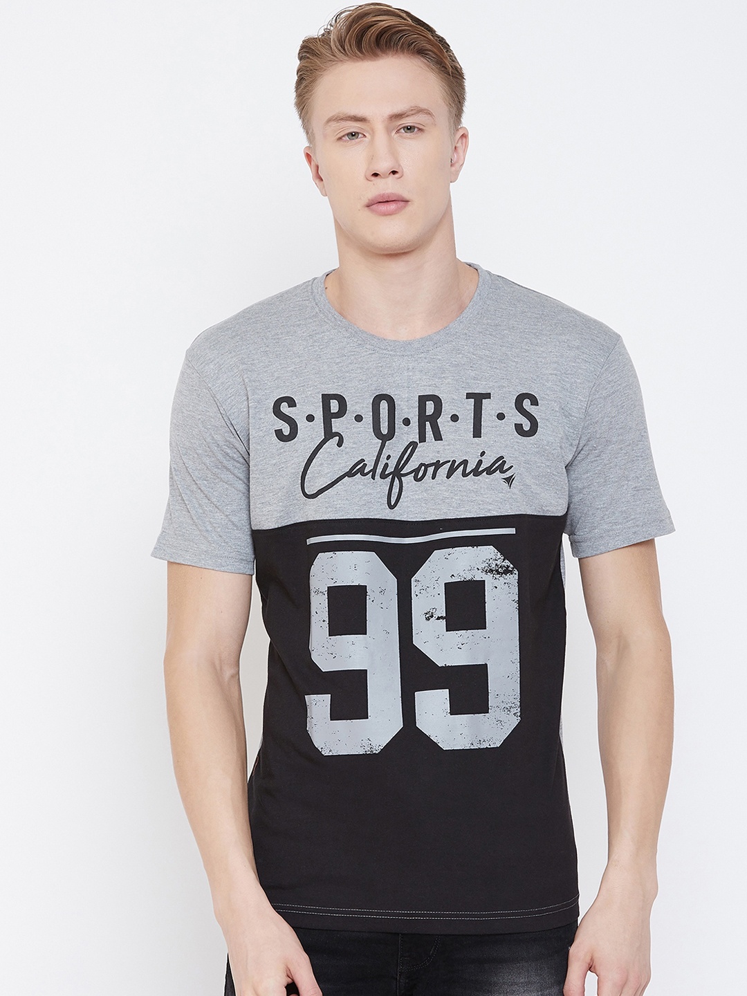 

NEVA Men Grey & Black Colourblocked Round Neck T-shirt