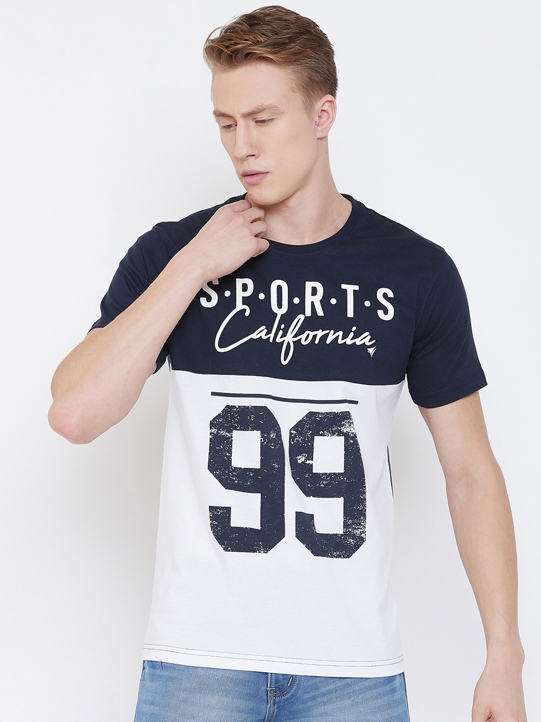 

NEVA Men Blue & White Typography Printed Cotton T-shirt, Navy blue