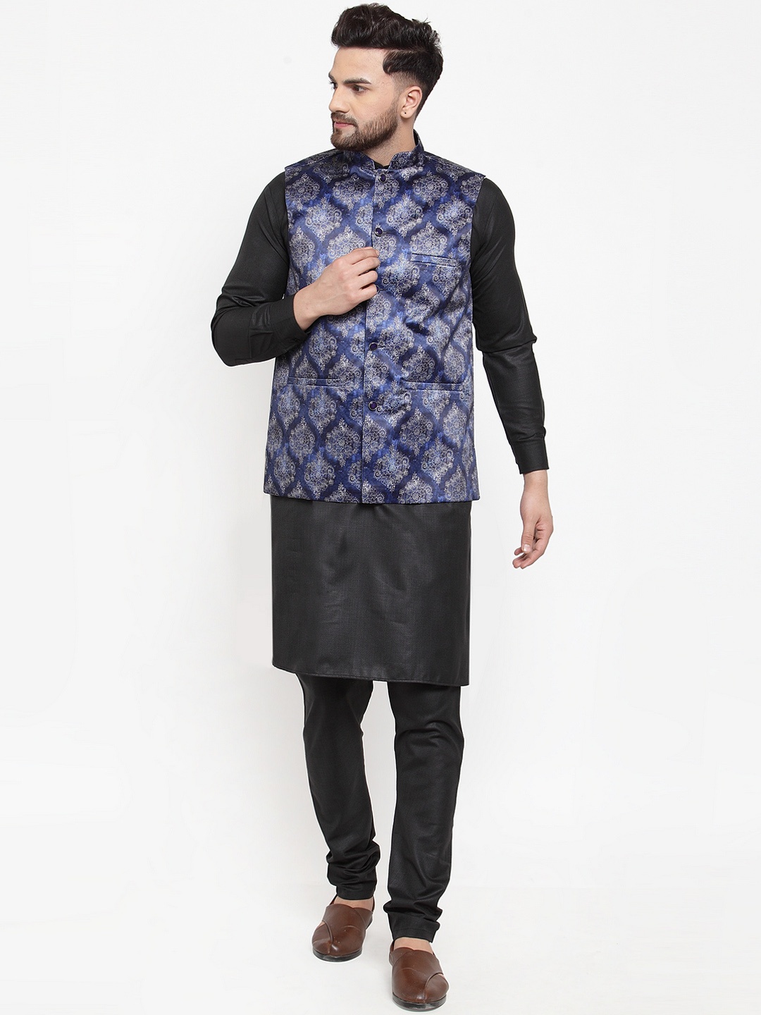 

Jompers Men Blue & Black Printed Kurta & Churidar with Nehru Jacket