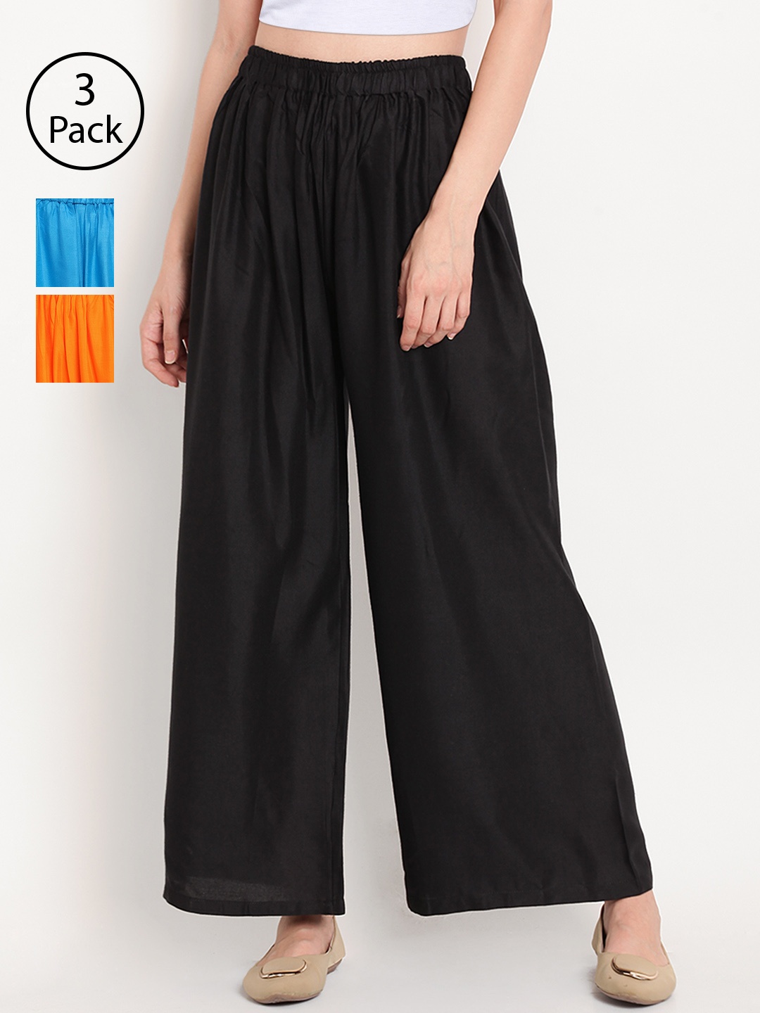 

TAG 7 Women Pack Of 3 Solid Wide Leg Palazzos, Black