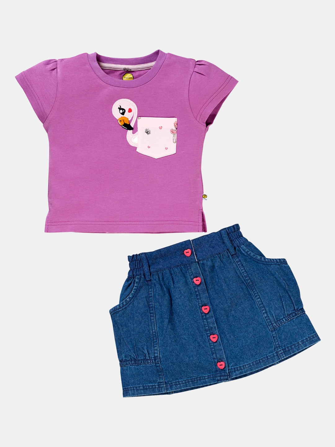 

Pranava Girls Purple & Blue Printed Organic Cotton T-shirt with Skirt