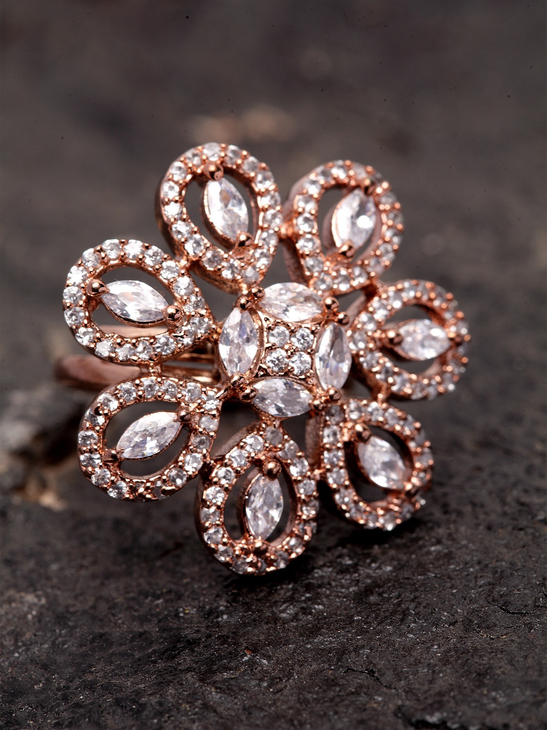 

Bhana Fashion Rose Gold-Plated & White American Diamond Studded Handcrafted Floral Finger Ring