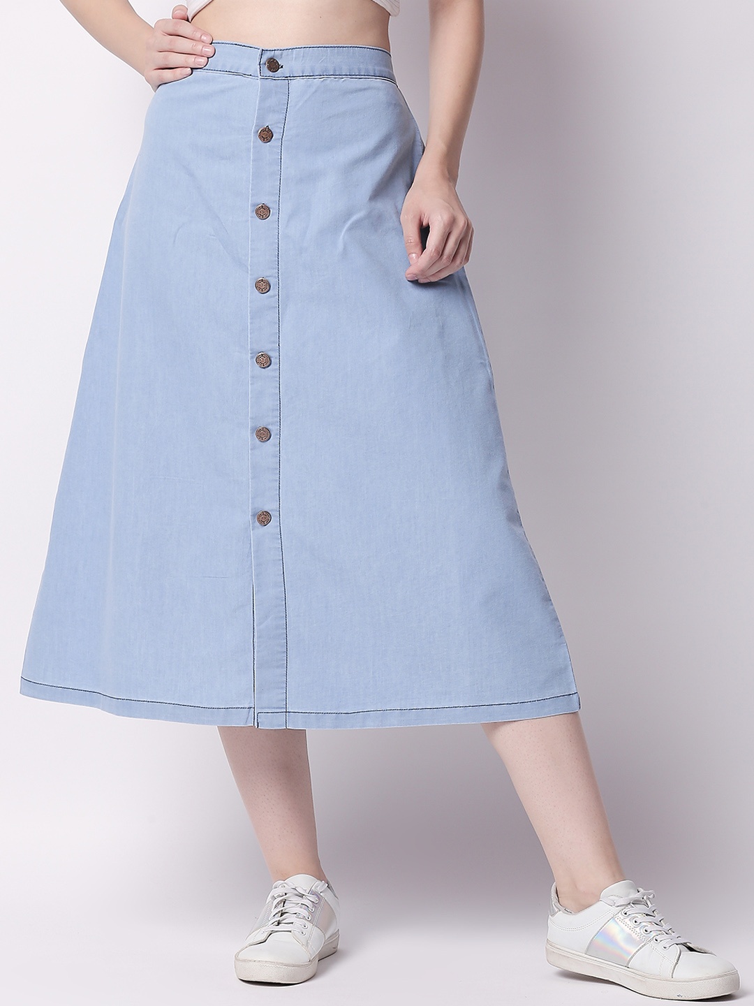 

High Star Blue Washed Midi Denim A-Line Skirt