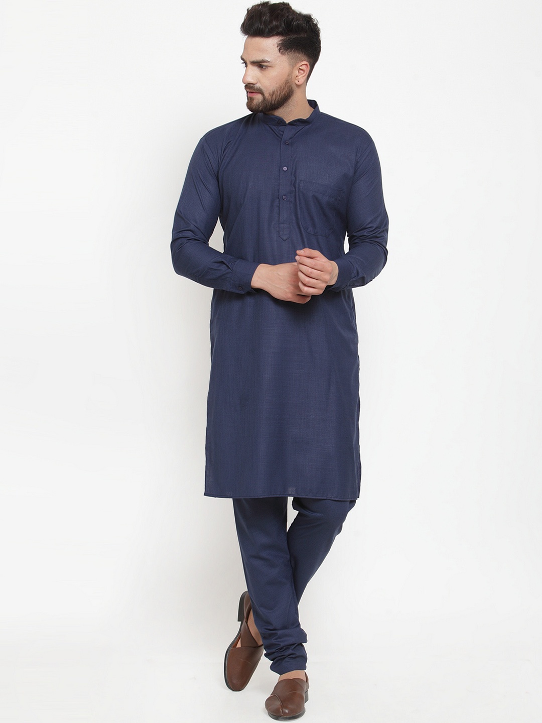 

Jompers Men Navy Blue Solid Kurta with Churidar