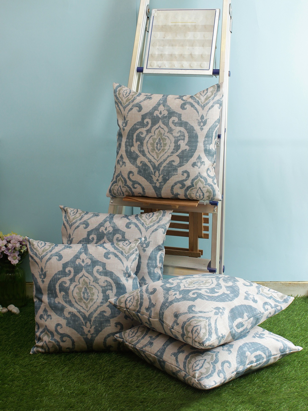 

ROMEE Grey & Blue Set of 5 Ethnic Motifs Square Cushion Covers
