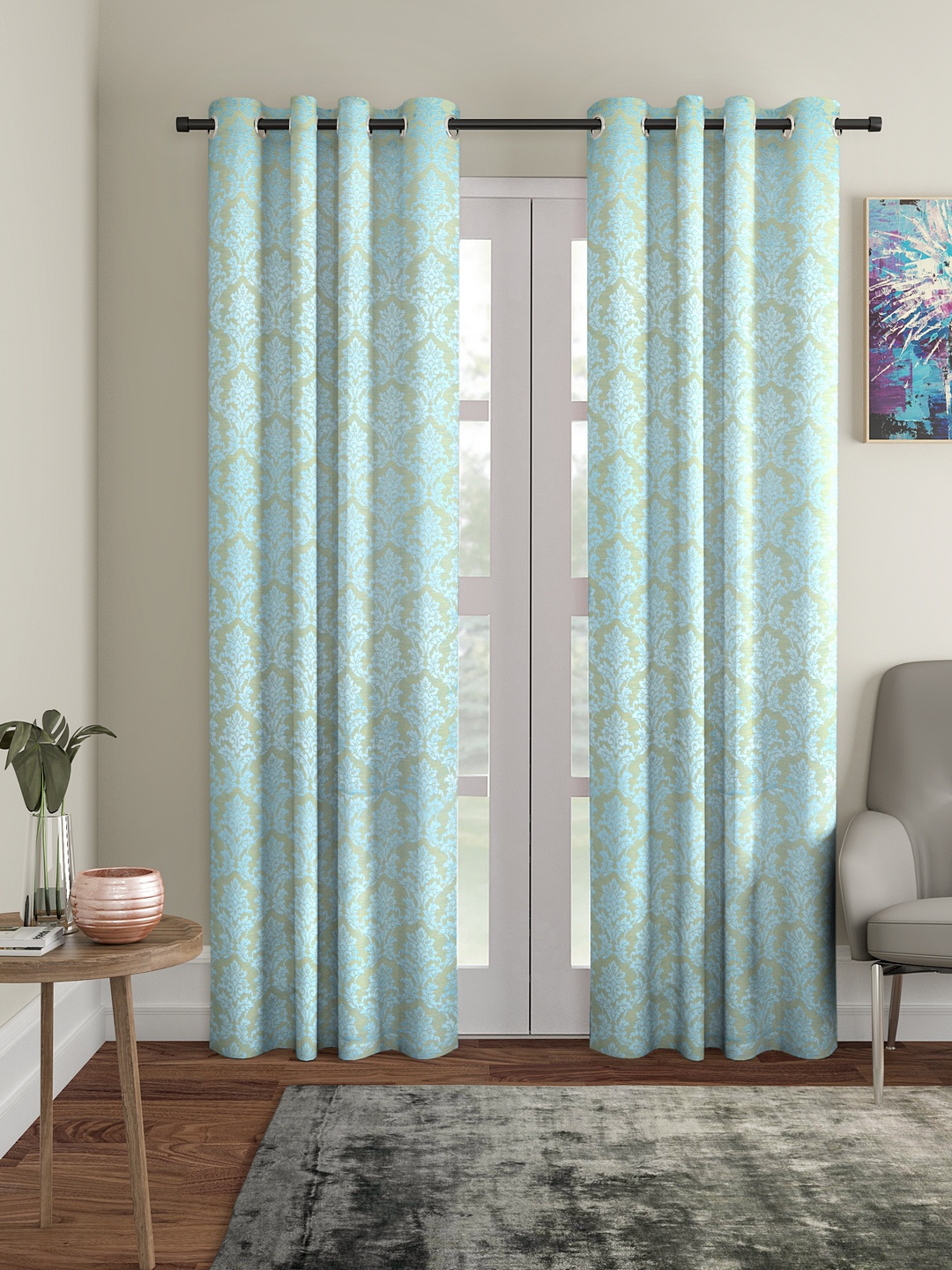 

Soumya Blue & Grey Printed Single Room Darkening Satin Finish Door Curtain