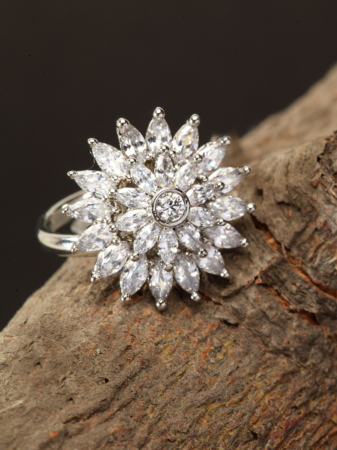 

Bhana Fashion Silver-Plated American Diamond Stone Studded Handcrafted Circular Finger Ring