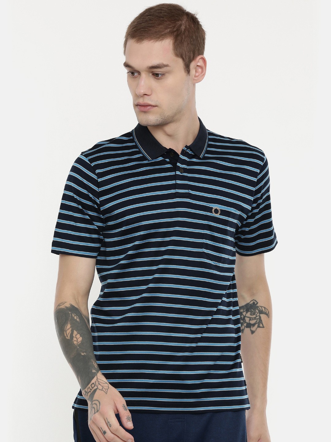 

Proline Active Men Navy Blue Striped Polo Collar Pure Cotton T-shirt