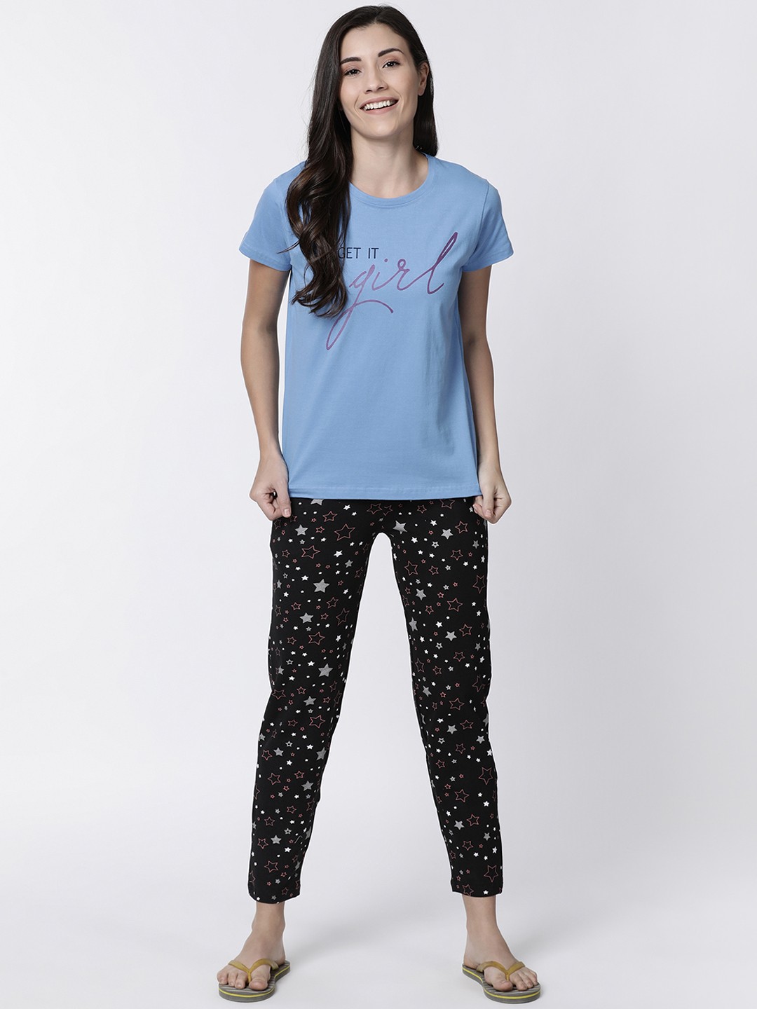 

Kryptic Women Blue & Black Printed Night suit