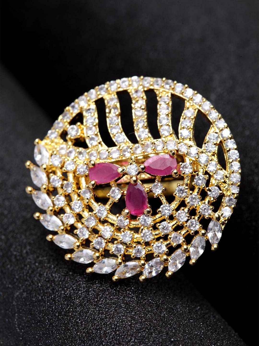 

Bhana Fashion Gold-Plated & Magenta American Diamond Studded Circular Ring