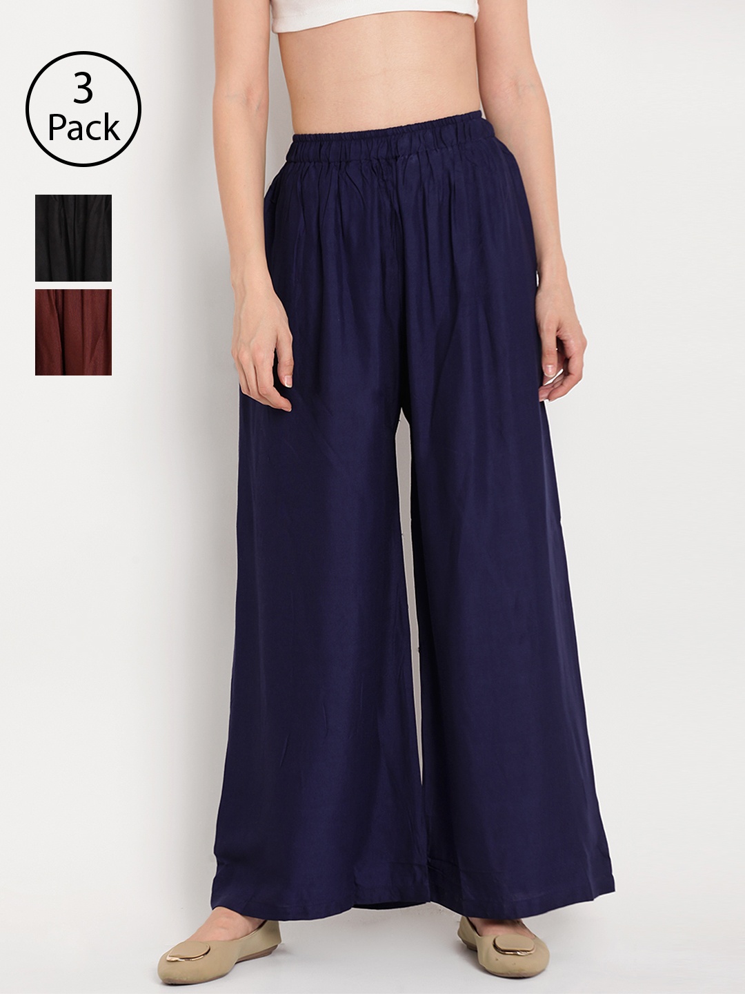 

TAG 7 Women Pack of 3 Solid Wide Leg Palazzos, Black