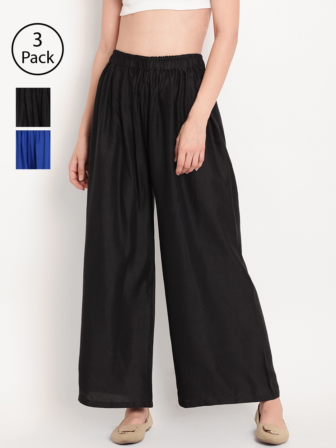 

TAG 7 Women Pack of 3 Solid Wide Leg Palazzos, Black