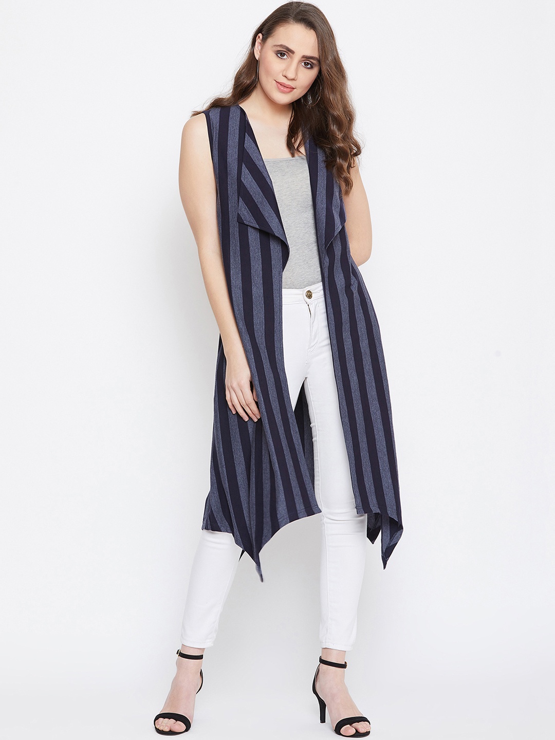 

Hypernation Women Navy Blue & Grey Striped Open Front Shrug