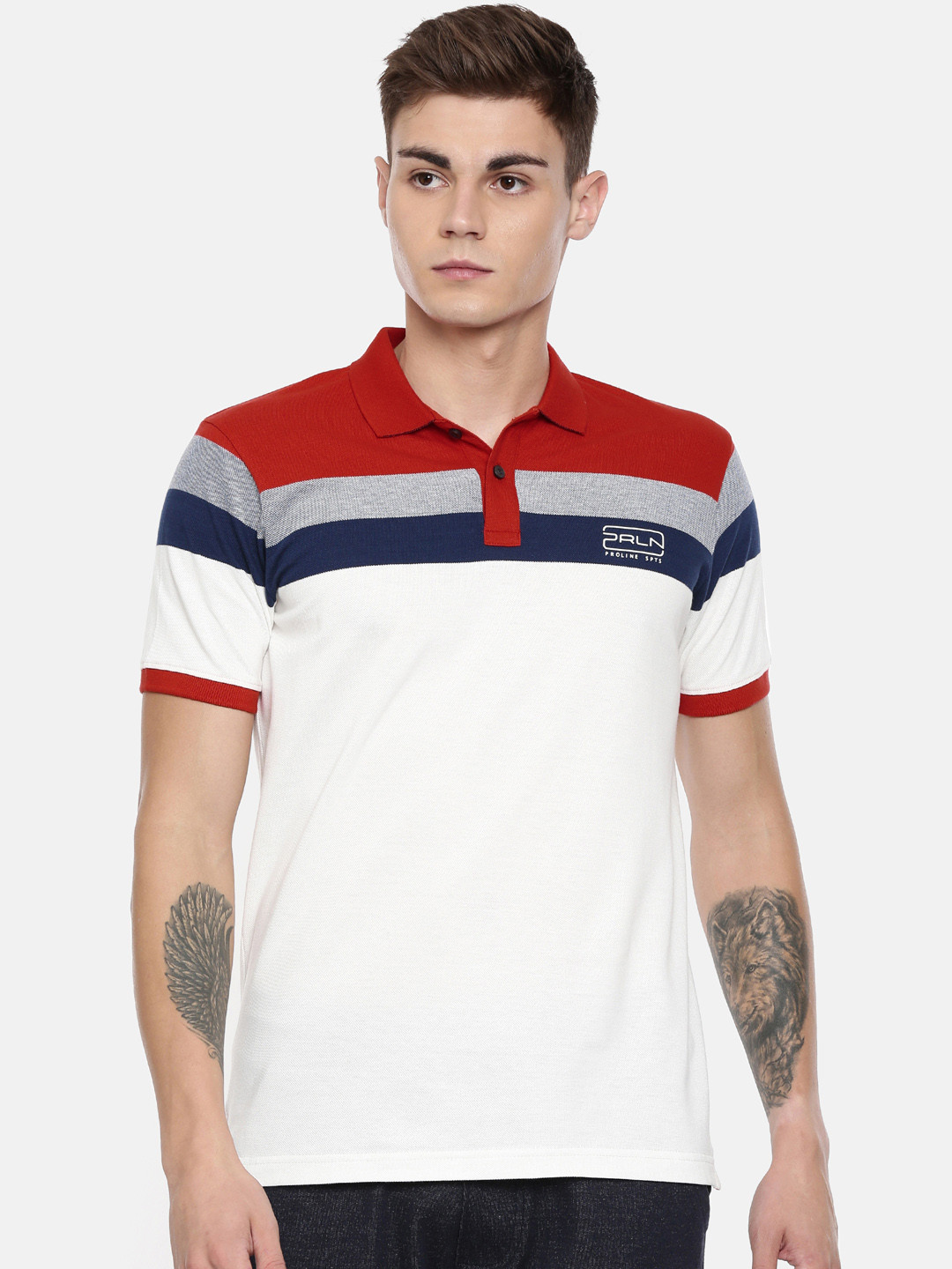 

Proline Active Men White Red Striped Polo Collar Pure Cotton T-shirt