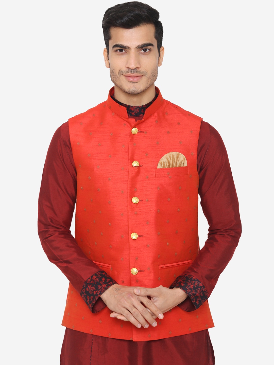 

Wintage Men Orange Woven Design Satin Nehru Jacket
