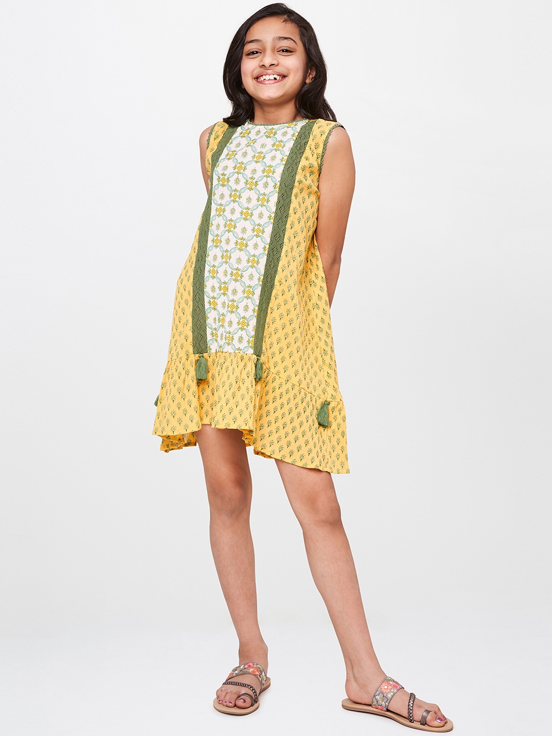 

Global Desi Girls Mustard Yellow Printed A-Line Dress