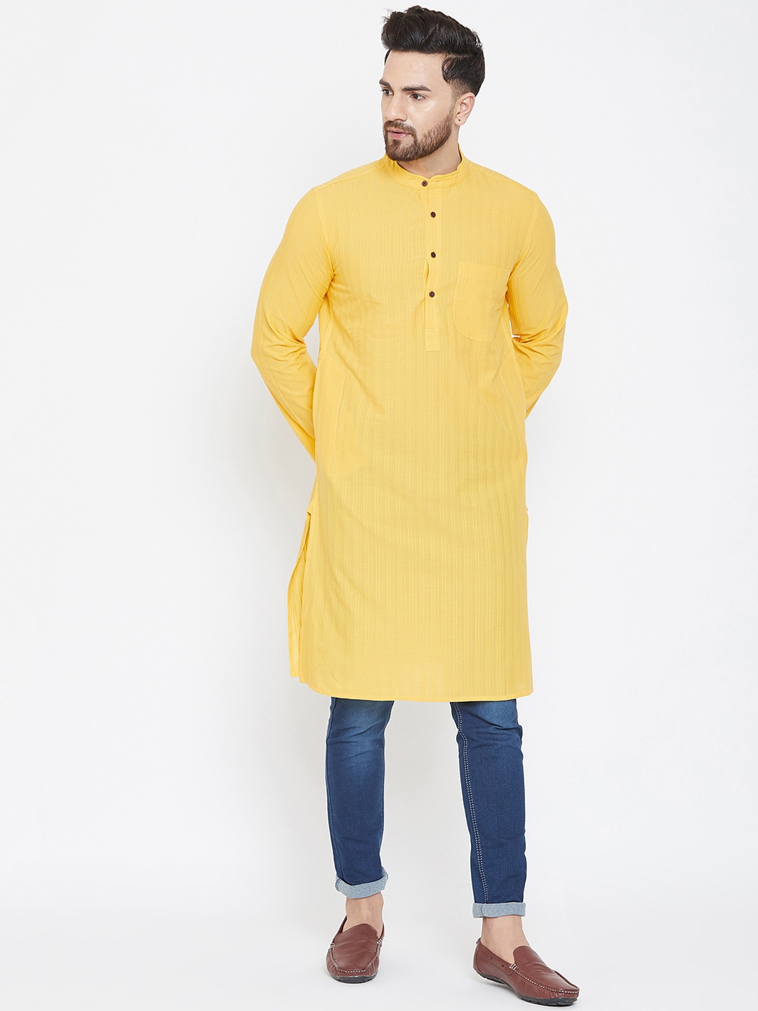even Men Yellow Woven Design Straight Kurta