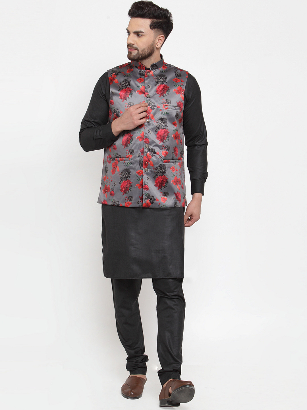 

Jompers Men Grey & Black Printed Kurta & Churidar with Nehru Jacket
