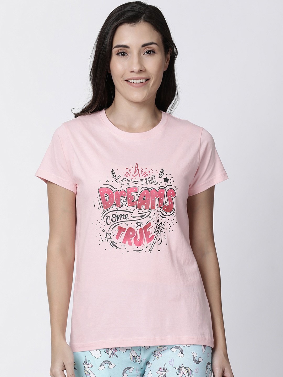 

Kryptic Women Pink Printed Round Neck Pure Cotton Lounge T-shirt