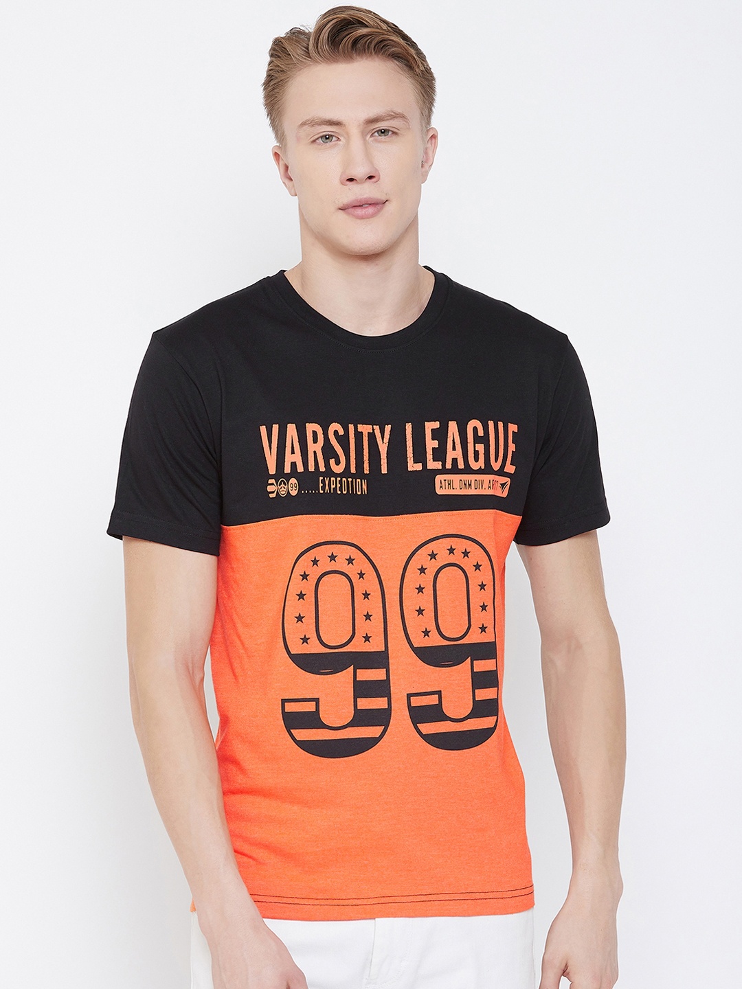 

NEVA Men Black & Orange Colourblocked Round Neck T-shirt