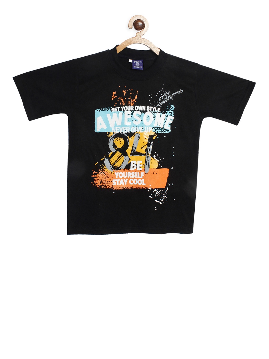 

SWEET ANGEL Boys Black Printed Round Neck T-shirt