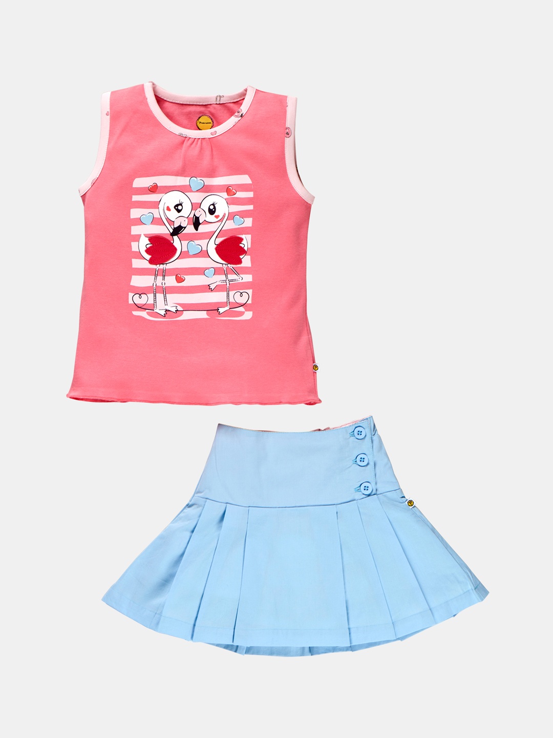 

Pranava Girls Pink & Blue Printed Organic Cotton T-shirt with Skirt