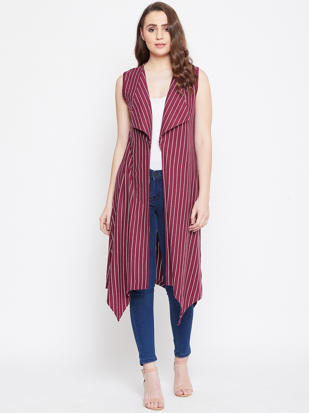 

Hypernation Women Burgundy & White Striped Open Front Shrug