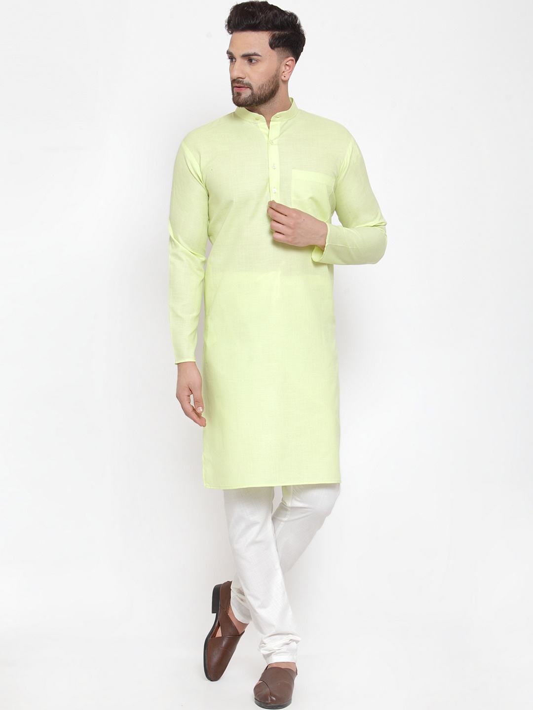 Jompers Men Lime Green & White Solid Kurta with Churidar