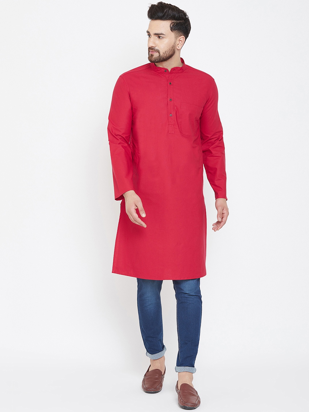 

even Men Red Solid Straight Kurta