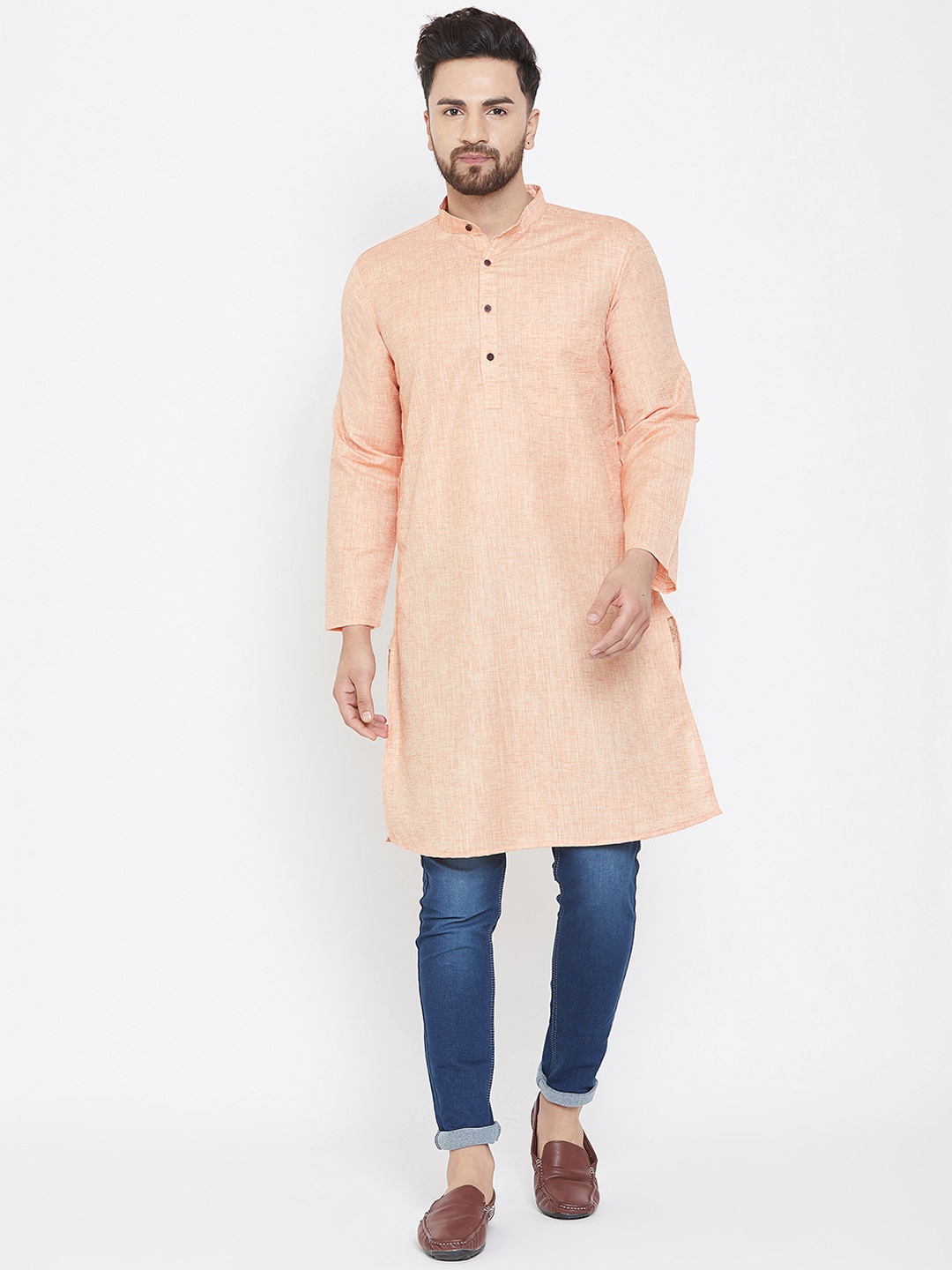 

even Men Peach-Coloured Solid Linen Straight Kurta