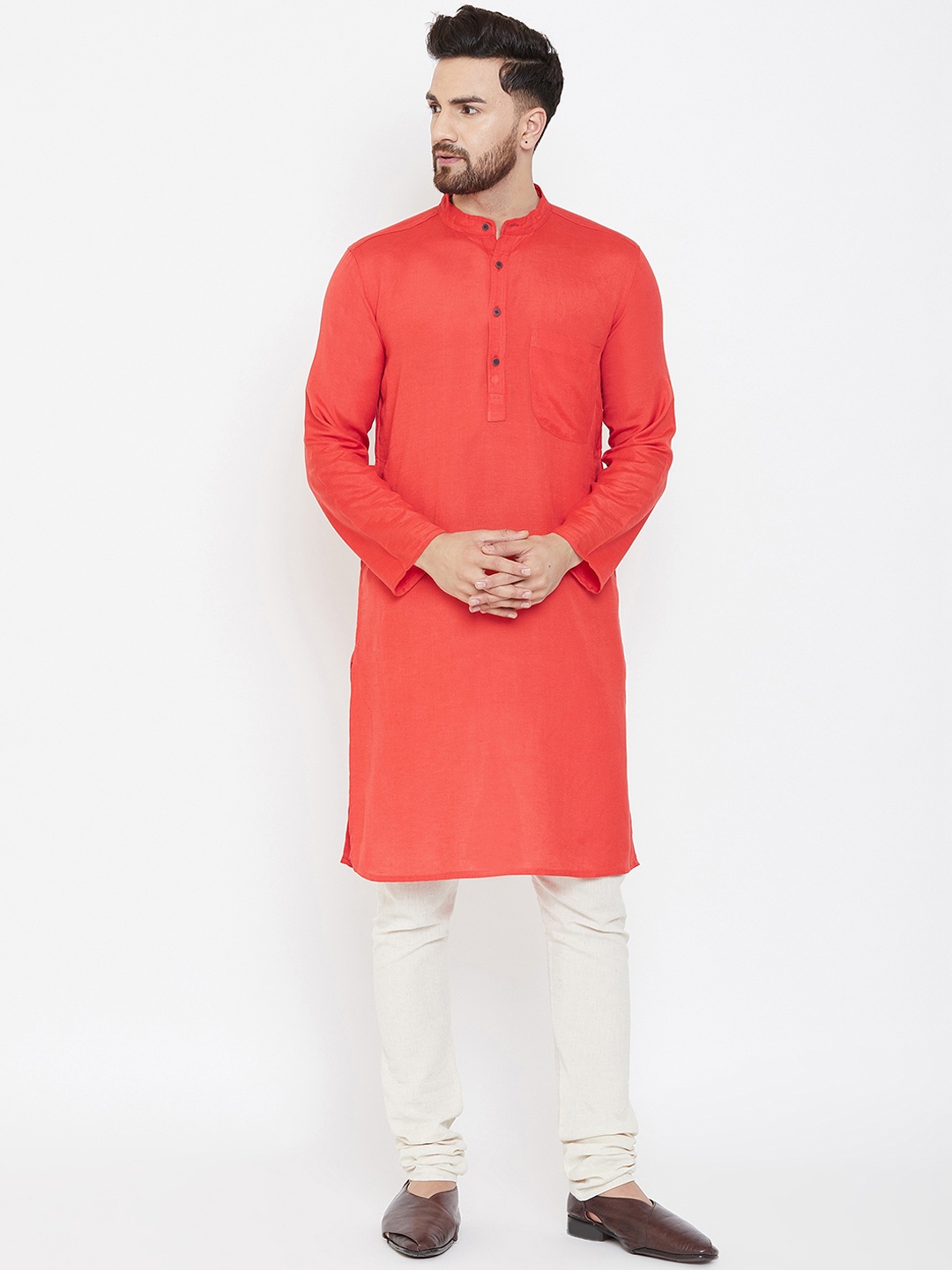 even Men Orange Solid Straight Kurta