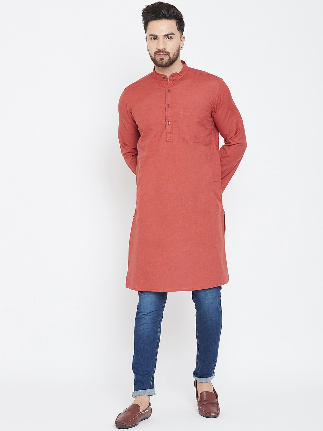 

even Men Rust Red Solid Straight Kurta