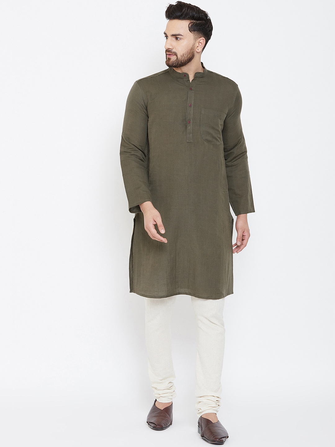 

even Men Olive Green Solid Linen Straight Kurta