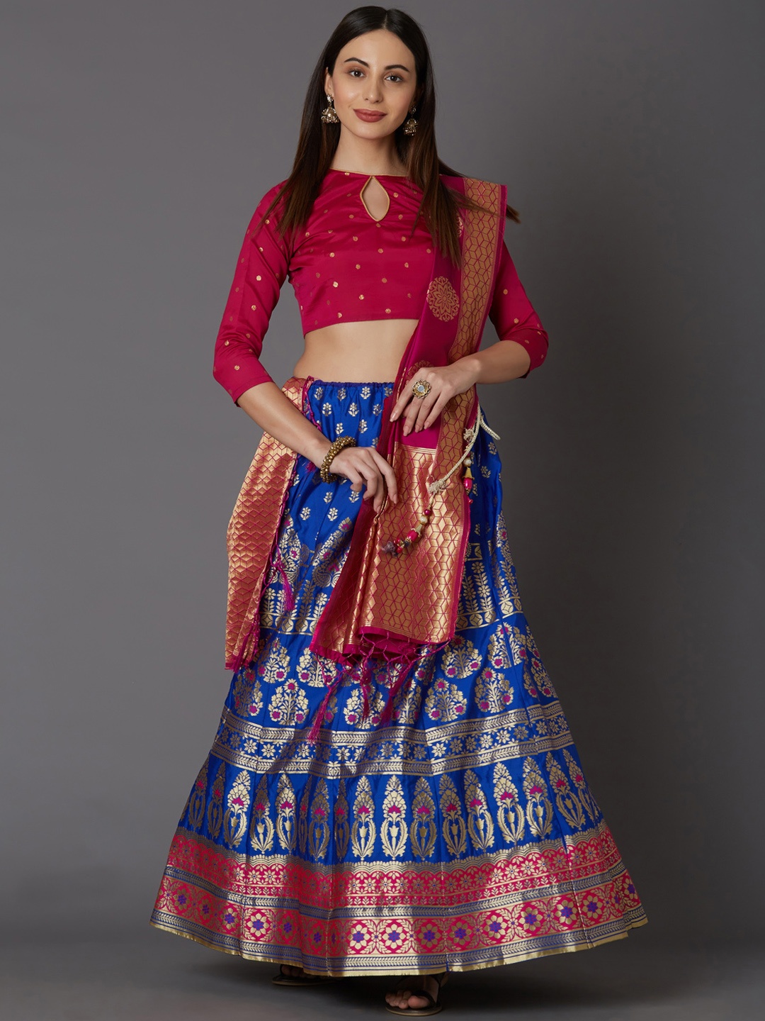 

Mitera Navy Blue & Pink Embroidered Semi-Stitched Lehenga & Blouse with Dupatta