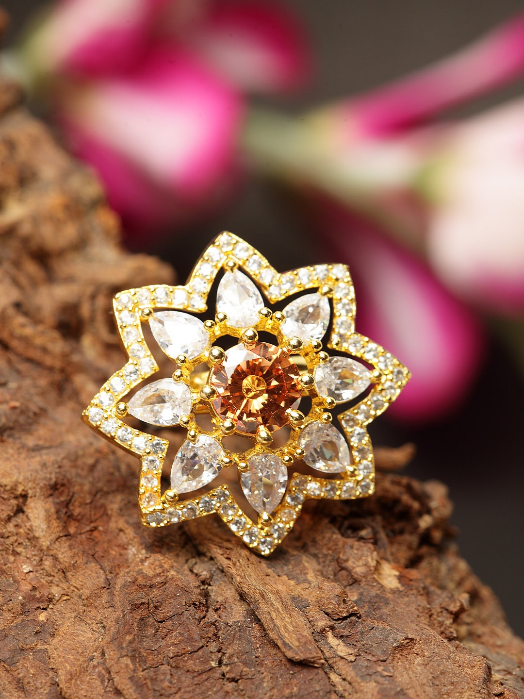

Bhana Fashion Gold-Plated White & Tan Brown American Diamond Studded Handcrafted Star-Shaped Finger Ring