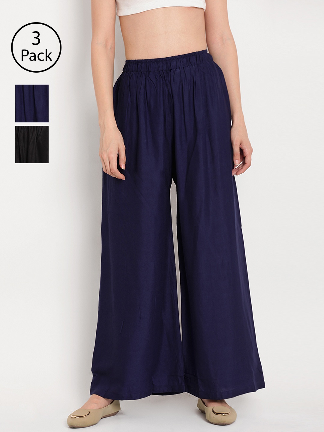 

TAG 7 Women Pack of 3 Solid Wide Leg Palazzos, Black