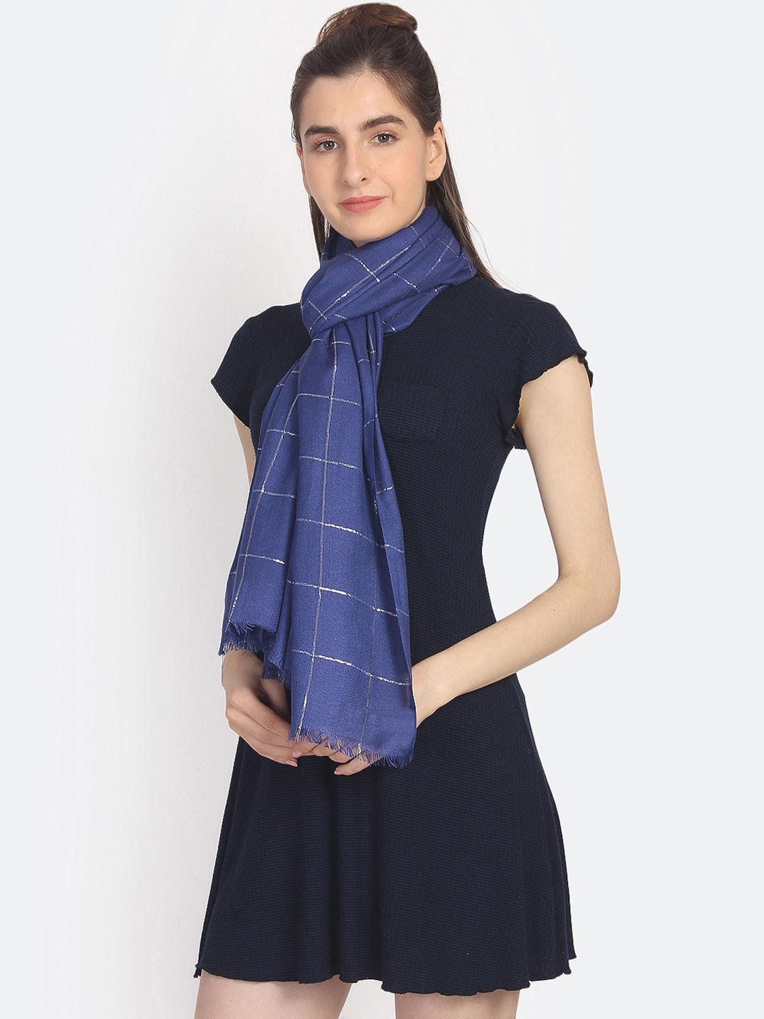 

Anekaant Women Navy Blue & Silver-Toned Woven Design Stole