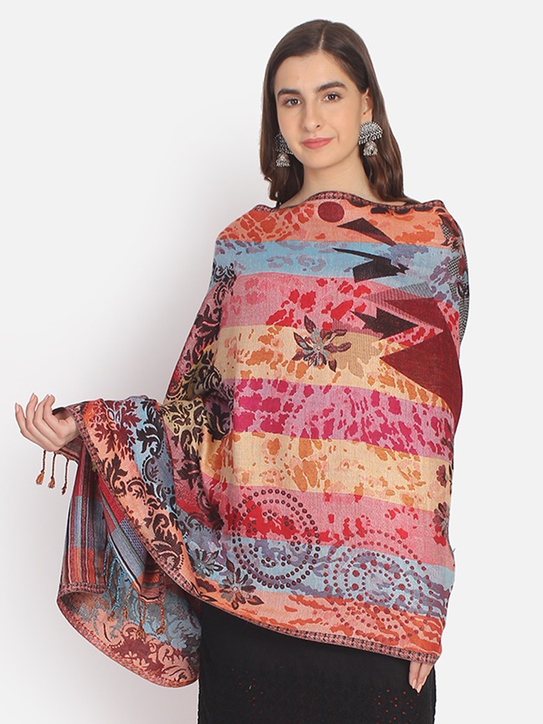 

Anekaant Women Pink & Blue Woven Floral Reversible Shawl