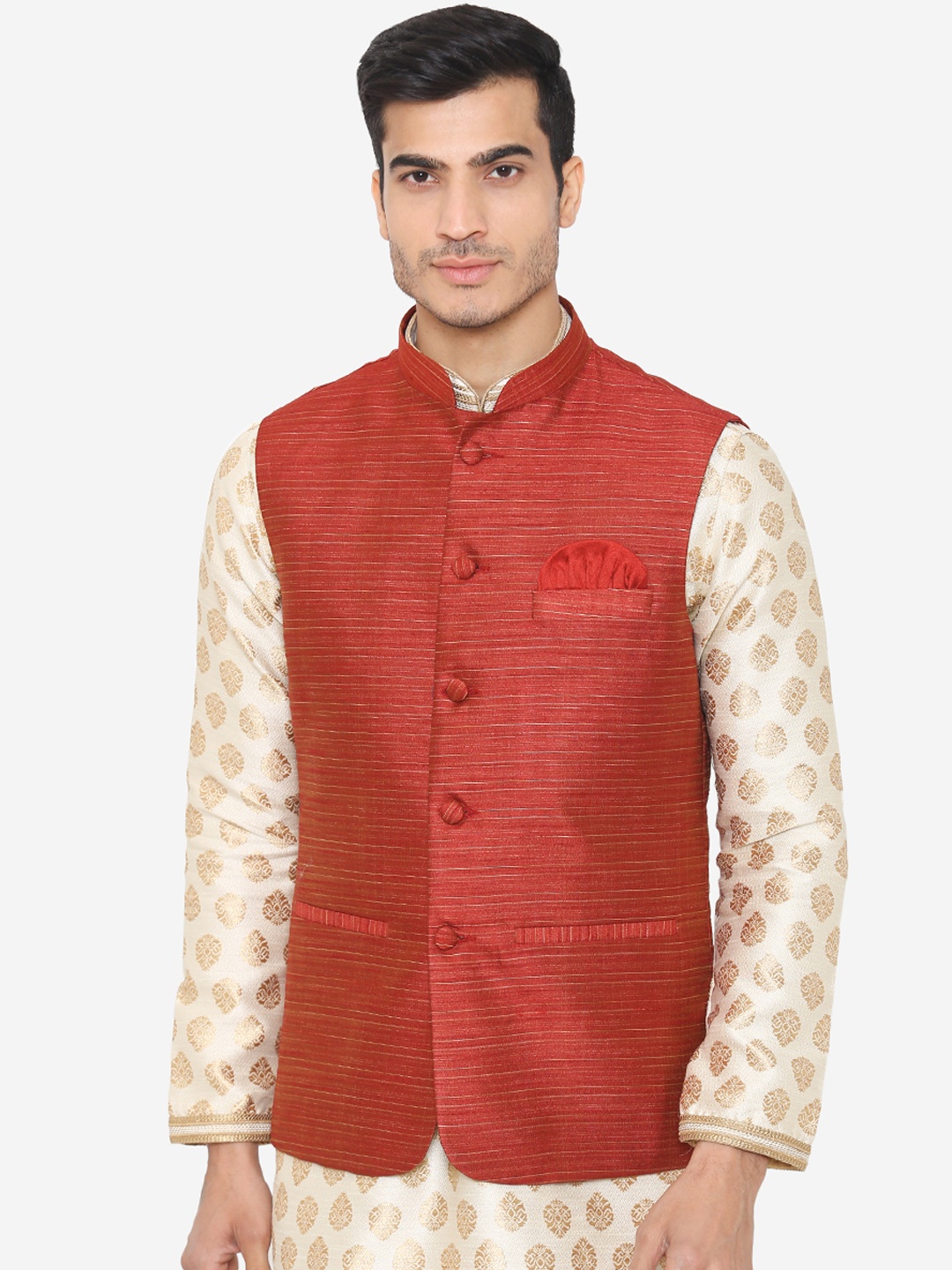 

Wintage Men Red Solid Satin Nehru Jacket