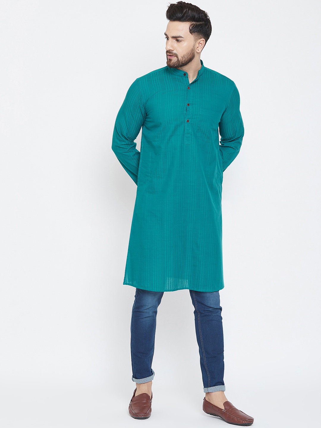 

even Men Teal Blue Striped Straight Kurta